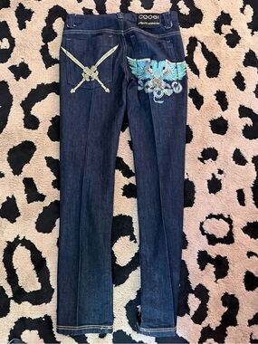 Vintage Coogi Dark Blue Embroidered Creased Starched  y2K 2000s Jeans 29/30 x 33